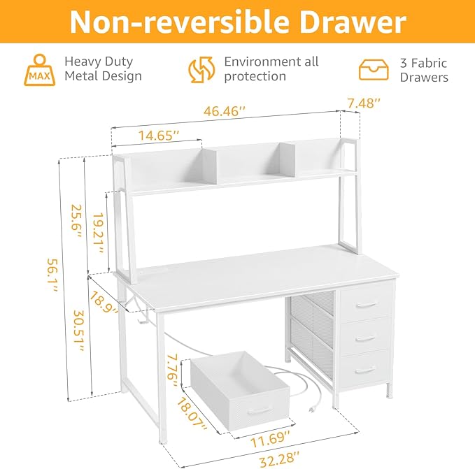 White Computer Desk with Hutch & Drawers - Office Desk with 3 Storage Drawers and Power Outlets, 47 Inch Modern Study Writing Desk for Bedroom Home Office