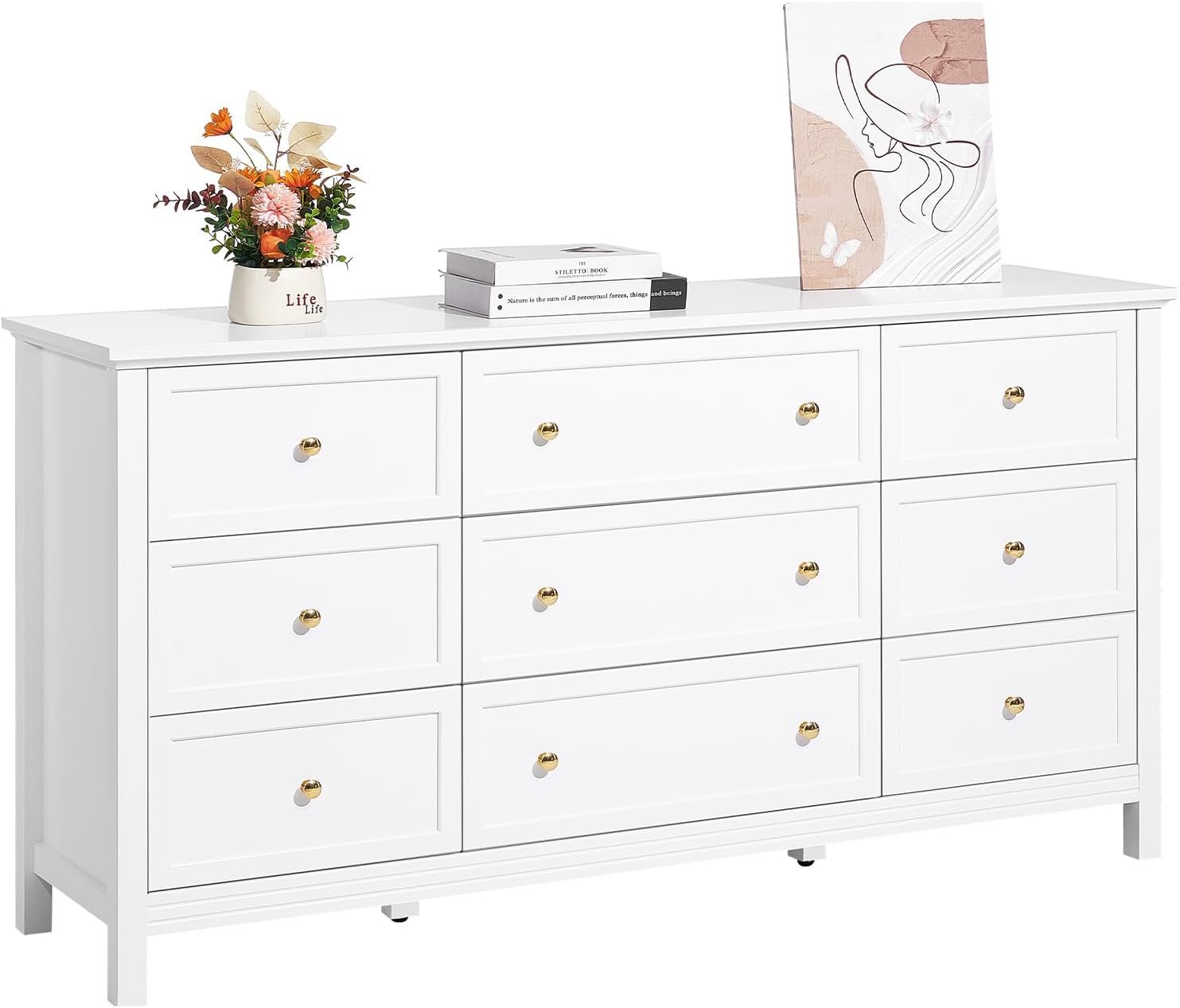 VEVOR 9 Drawer Dresser, Wooden Chest of Drawers with Sliding and Anti-tip Device, Retro Minimalist Dresser Chest, Closet Storage TV Stand Organizer for Living Room, Hallway, Bedroom, Entryway, White