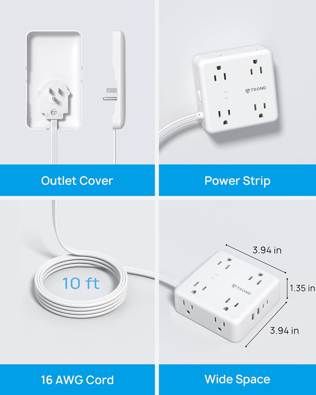 TROND Flat Power Strip with Outlet Cover - 10FT Long Extension Cord with 8 AC Outlets, Flat Wall Plug with 2 USB A & 2 USB C Ports, 1700J Surge Protector, Compact for Home Office Dorm Room Essentials