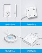 TROND Flat Power Strip with Outlet Cover - 10FT Long Extension Cord with 8 AC Outlets, Flat Wall Plug with 2 USB A & 2 USB C Ports, 1700J Surge Protector, Compact for Home Office Dorm Room Essentials