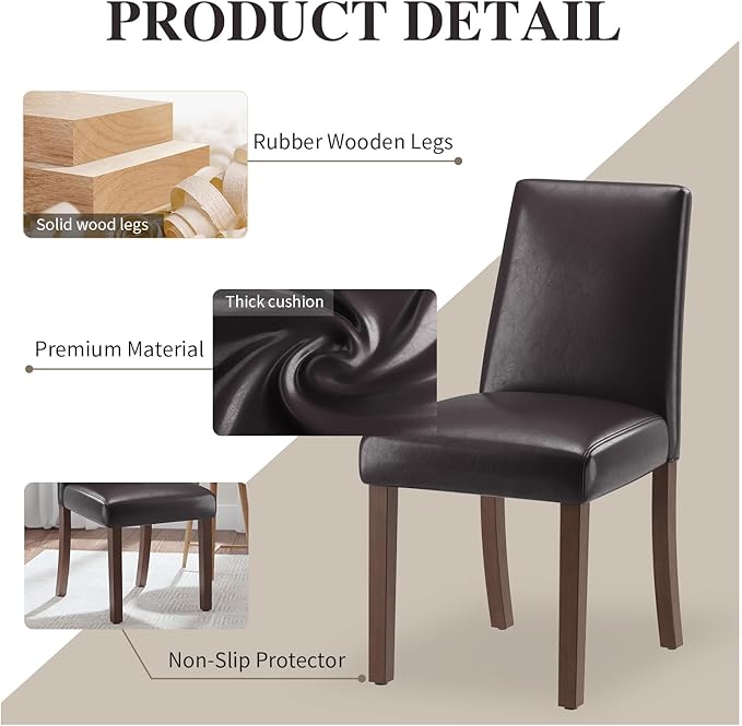 Dining Chairs Set of 4, Modern Dining Room Chairs with Wooden Legs, Faux Leather Upholstered Kitchen Farmhouse Parsons Chairs for Restaurant & Cafe- Dark Brown