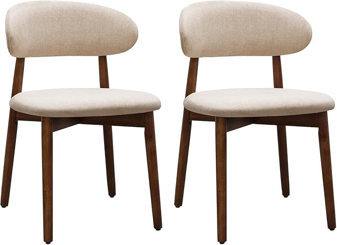 Farmhouse Dining Chairs Set of 2, Mid Century Modern Wooden Dining Room Chairs, Farmhouse Fabric Upholstered Kitchen Dinner Chairs for Living Room Restaurant Cafe, Walnut/Light Camel