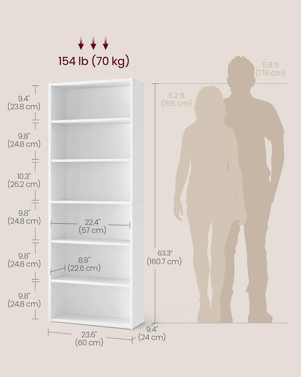 VASAGLE CUSTOS Collection - Bookshelf, 6-Tier Bookcase, Book Shelf, Open Storage Shelf, 9.4 x 23.6 x 63.3 Inches, for Living Room, Home Office, Dinning Room, Cloud White ULBC166T14