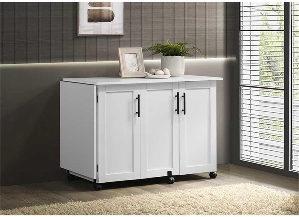 Pemberly Row White Rolling Kitchen Cart with Drop Leaf – Engineered Wood Stor...