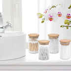 4 Pack Glass Qtip Holder Dispenser Set - Apothecary Jars with Lids for Vanity Makeup Organizer - Bathroom Canister Storage Organizer for Cotton Ball, Swab, Round Pads,Floss