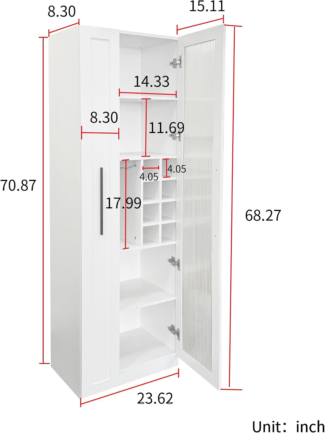 White Farmhouse Pantry Cabinet with Pull Out Shelf & Glass Door, Multifunctional Kitchen Storage Organizer, Bar & Dining Room Cupboard