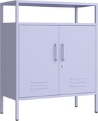 Multifunctional Lockable Storage Cabinet, 3-Tier Side Cabinet with Power Strip & USB Ports, Adjustable Shelf, for Living Room, Home, Office, Purple 33" H X 29.5" W X 13.8" D