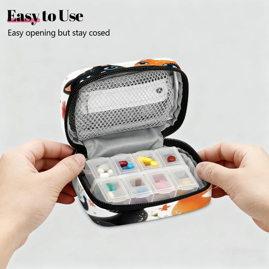Vintage Music Note Cute Cat Pill Organizer Travel Medicine Case with Zipper Daily Vitamin Storage Bag Portable 8 Slot Weekly Pill Box Supplement Holder for Home Office Gym Travel