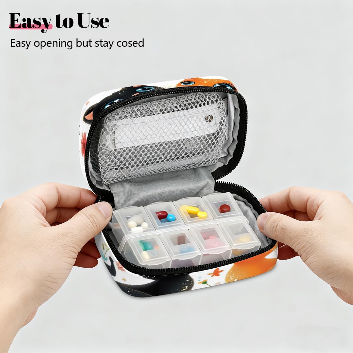 Vintage Music Note Cute Cat Pill Organizer Travel Medicine Case with Zipper Daily Vitamin Storage Bag Portable 8 Slot Weekly Pill Box Supplement Holder for Home Office Gym Travel