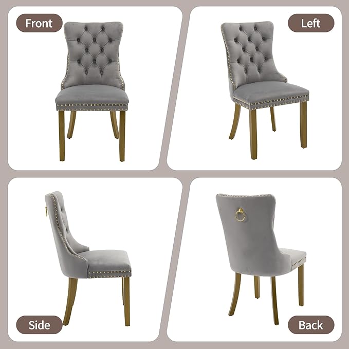 Velvet Dining Chairs Set of 4, High-end Tufted Upholstered Dining Chair with Back Ring Pull, Nailhead Trim and Golden Solid Wood Legs, Modern Dining Room Chairs for Dining Room, Light Gray