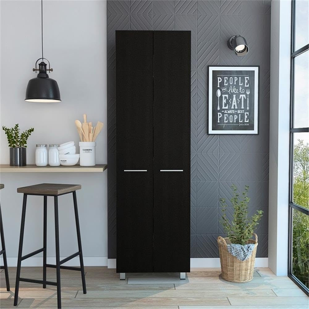 Pemberly Row 79" H Engineered Wood Double Door Pantry Cabinet, Black Fin...