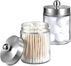 Amolliar 6Pc Apothecary Jars Bathroom Vanity Organizer- Rustic Farmhouse Decor Storage Canister&Stainless Steel Lids- Qtip Dispenser for Q-Tips,Cotton Swabs,Rounds,Ball,Flossers (Brushed Nickel)