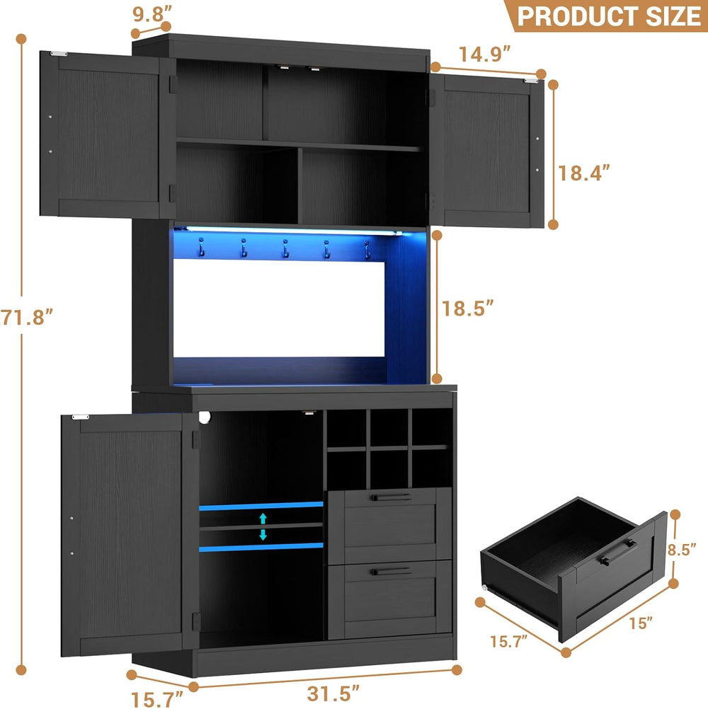 Unikito 72" Tall Kitchen Pantry Cabinet with LED Light & Outlet, Bla...