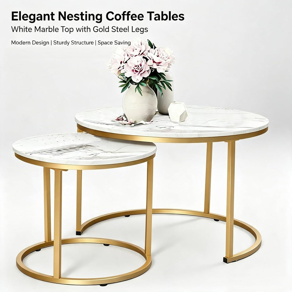 Round Nesting Coffee Table Set of 2, Marble Top Metal Frame | Space-Saving De...