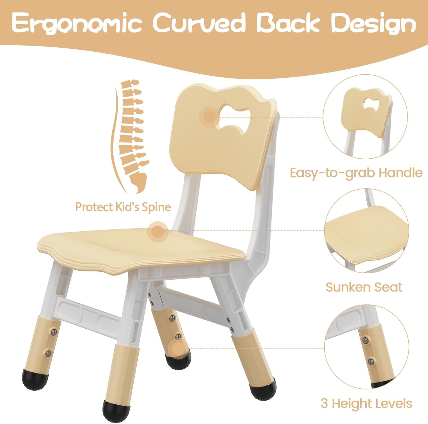 GAOMON Kids Chair, 3 Level Height Adjustable Kid Chair, Plastic Toddler Chairs for Children Boys Girls Age 2-6, Suitable for Home Family Classroom Nursery Indoor Use (2 Pack, Natural)