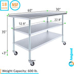 AmGood Stainless Steel Work Table with 2 Shelves and Casters | Metal Utility Table On Wheels (Stainless Steel Work Table with 2 Shelves + Casters, 60" Long x 30" Deep)