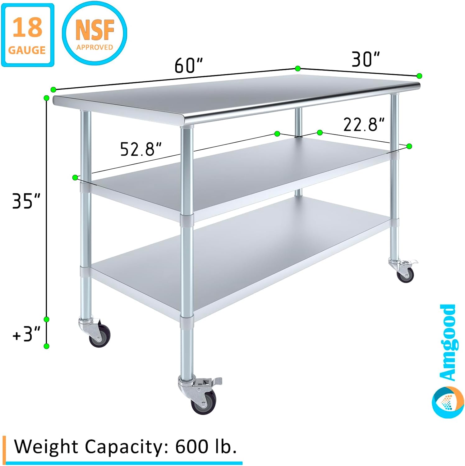 AmGood Stainless Steel Work Table with 2 Shelves and Casters | Metal Utility Table On Wheels (Stainless Steel Work Table with 2 Shelves + Casters, 60" Long x 30" Deep)