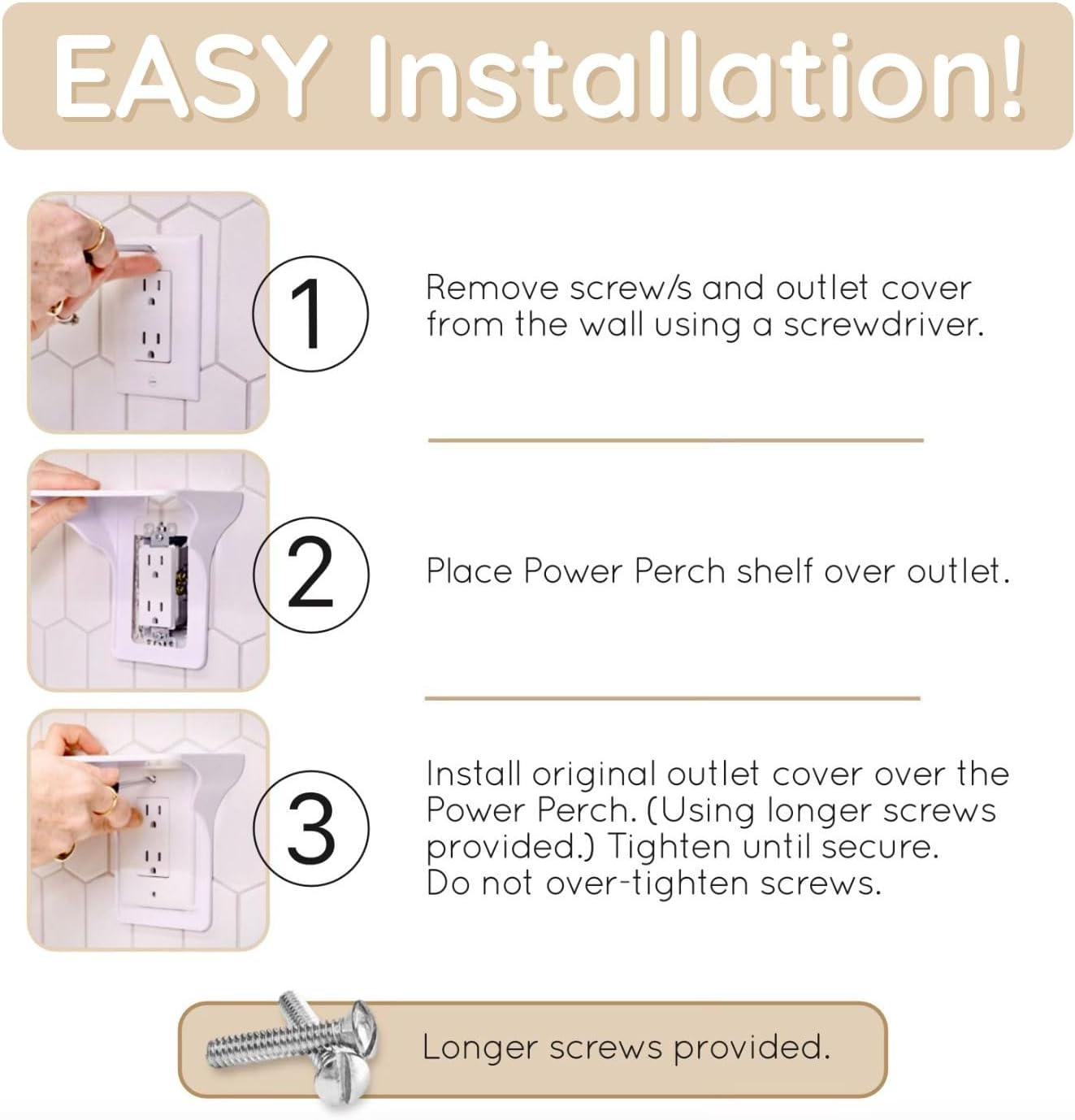 BeraTek Power Perch Wall Outlet Shelf with Cord Storage Strap - Declutter & Reclaim Bathroom Counter Space - Echo Dot Stand, Homepod Mini Wall Mount, Smart Home Devices Organizer - Almond, 1-Pack