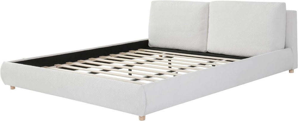 Merax King Boucle Platform Bed with 2 Removable Headboard Pillows, White