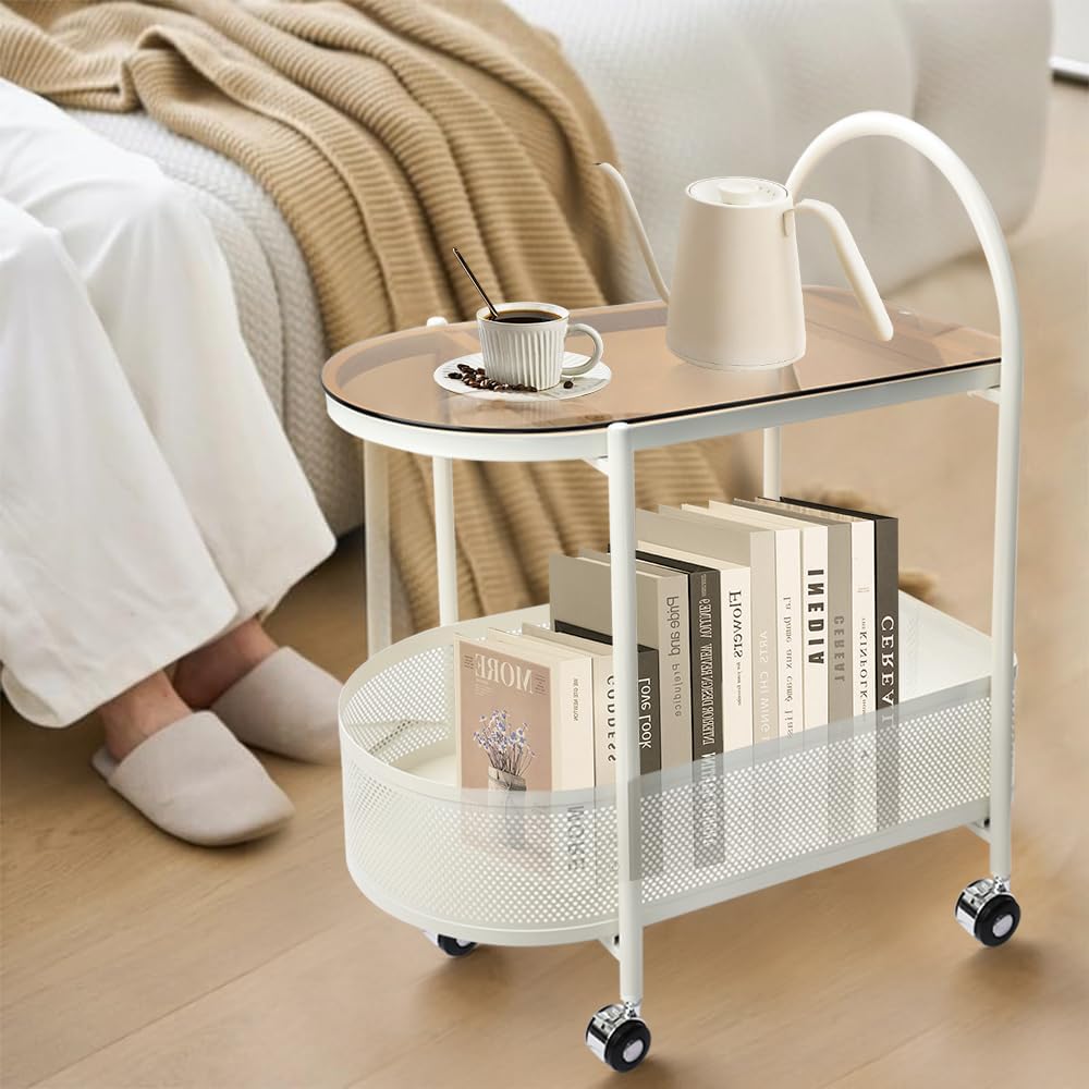 2 Tier Rolling Side Table, Metal Coffee Sofa Side End Table,Handle Utility Ca...