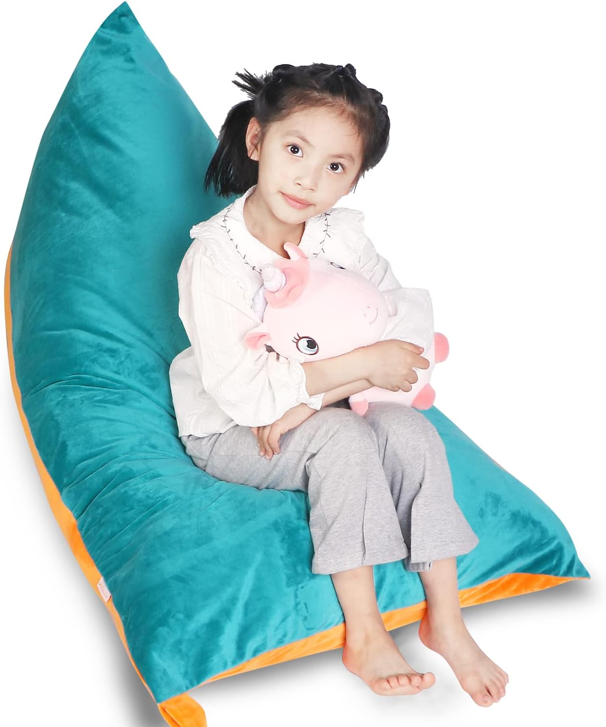 LOLOMLO Stuffed Animal Storage Bean Bag Chair Cover, Velvet Turquoise Orange Plush Toy Storage Stuff and Sit Seat for Kids/Teens/Adults, 52" x 31" Extra Large Triangle Sofa, 200L/52Gal, Cover Only