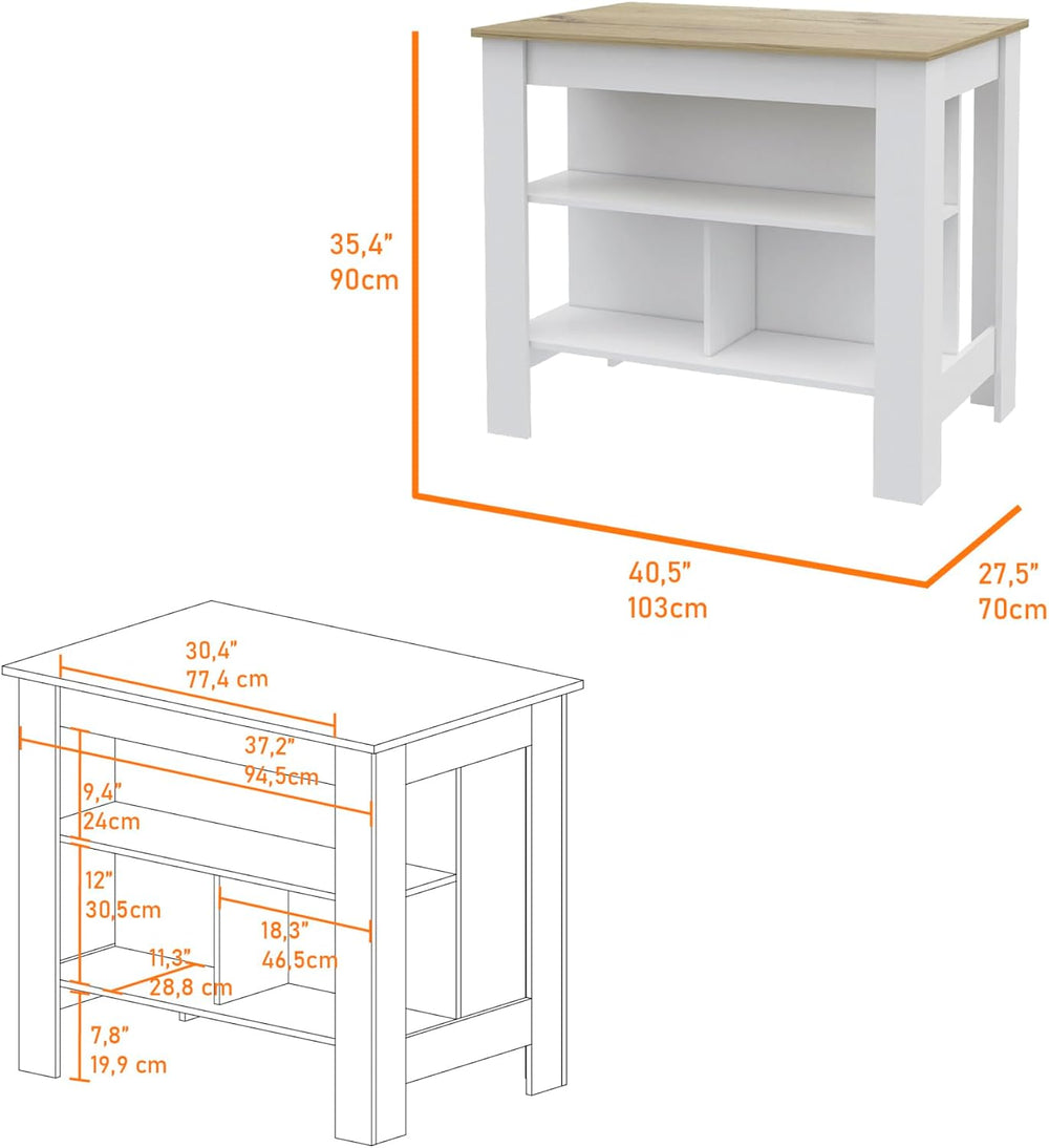 3-Shelf Kitchen Island White and Light Oak with Particle Board | Transitional...