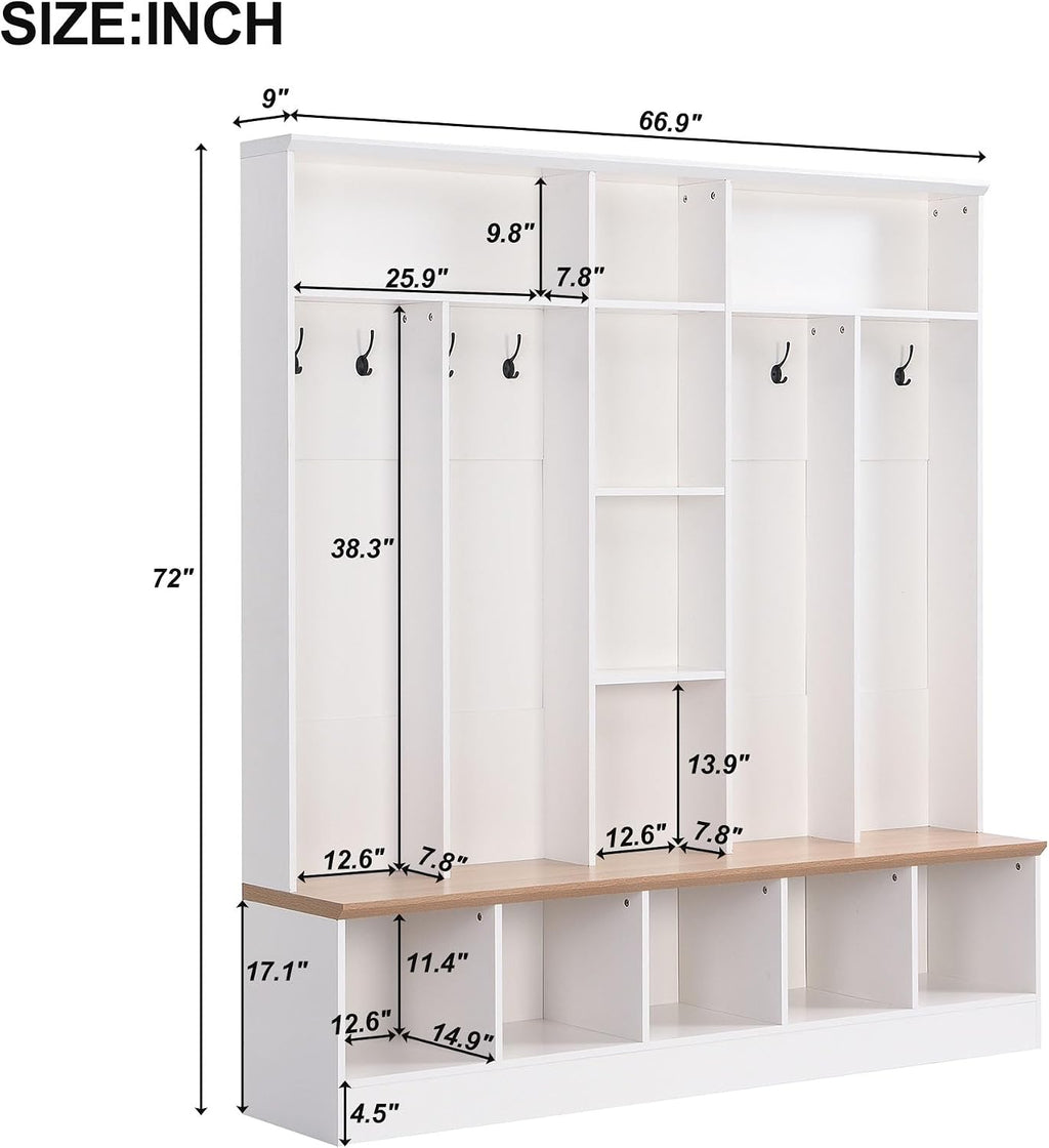 LUMISOL 4-in-1 Hall Tree with Shoe Bench, Cube Storage & Shelves, Wide Entryway Coat Rack with 8 Hooks for Mudroom Living Room, White