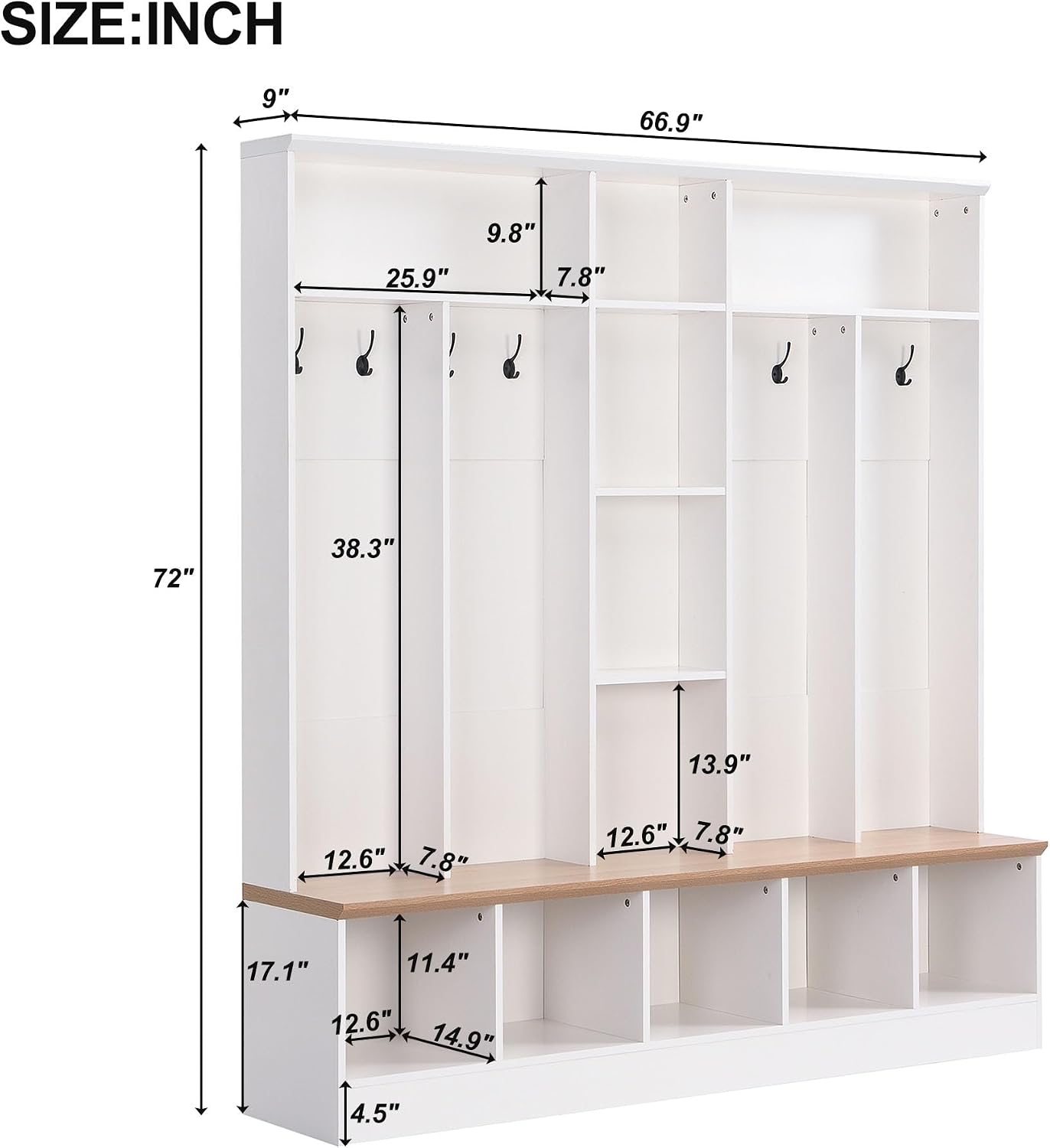 LUMISOL 4-in-1 Hall Tree with Shoe Bench, Cube Storage & Shelves, Wide Entryway Coat Rack with 8 Hooks for Mudroom Living Room, White