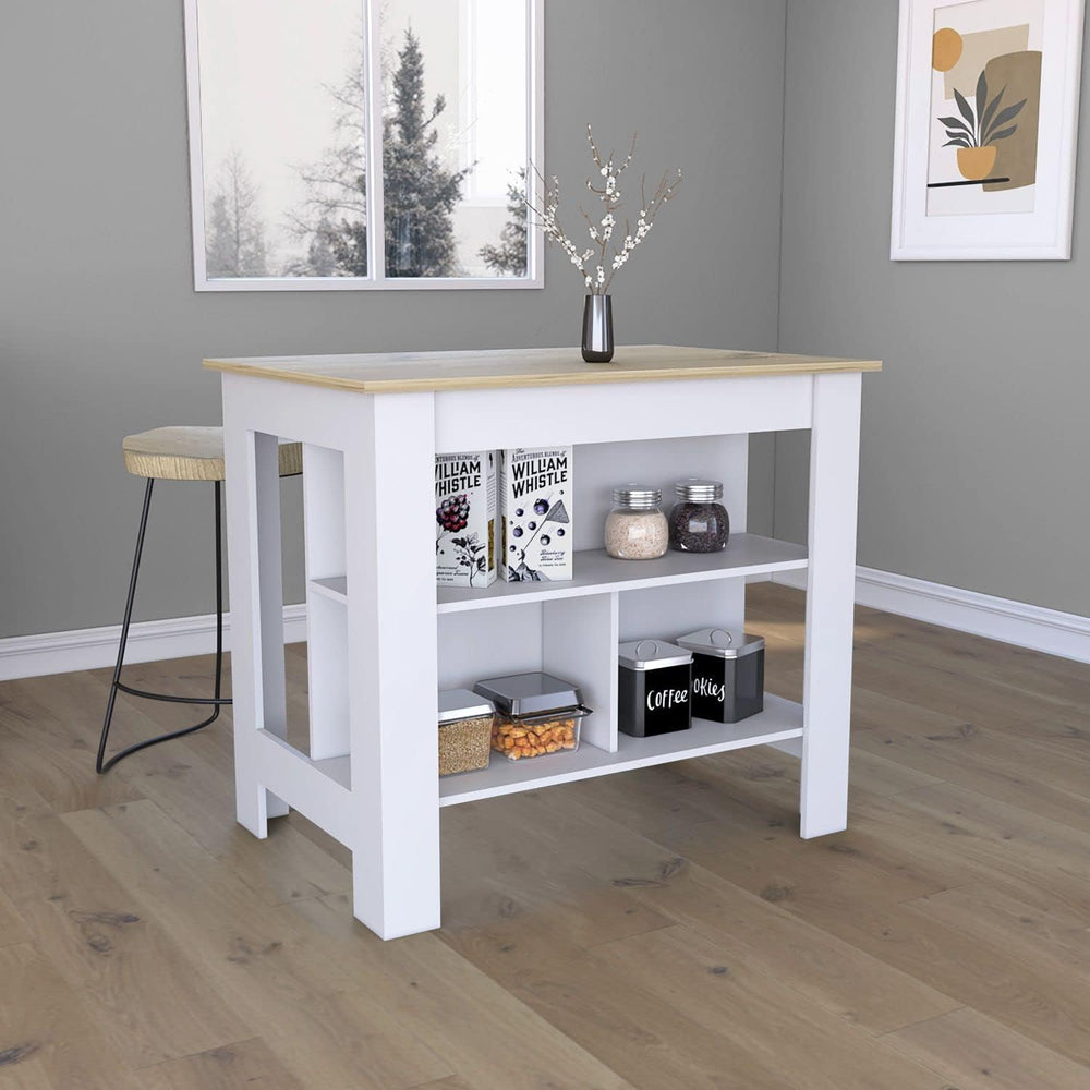 Kitchen Island with Open Shelves, White and Light Oak | 3 Storage Shelves, Wi...