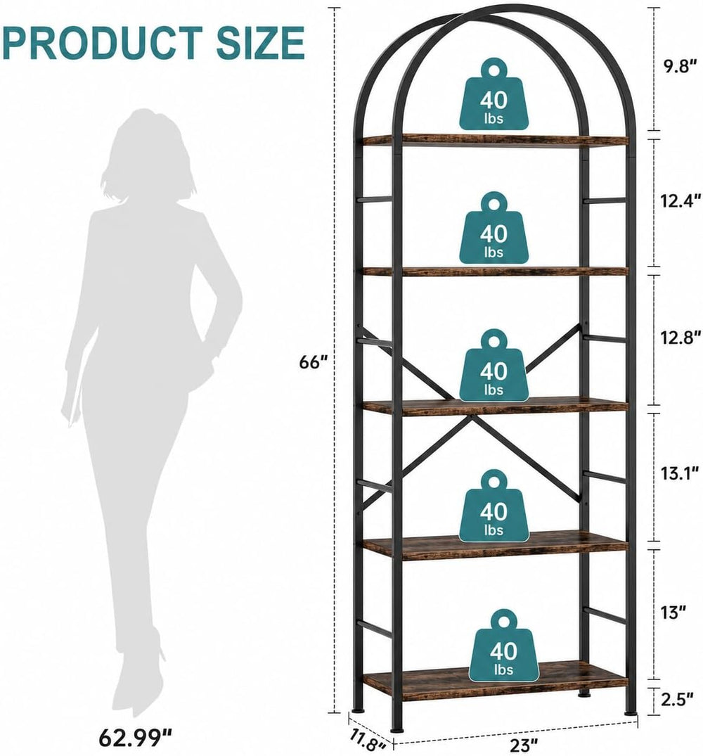 Shintenchi Bookshelf, Arched Bookshelf 5 Tier Bookcase, Tall Shelf for CDs/Bo...