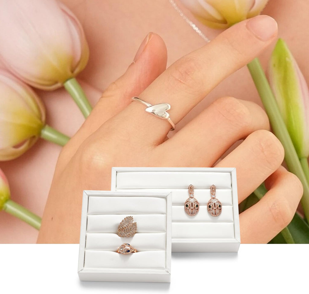 White PU Leather 3-Slots Jewelry Ring Display Tray Showcase Small Jewelry Display Organizer Tray for Rings(M)