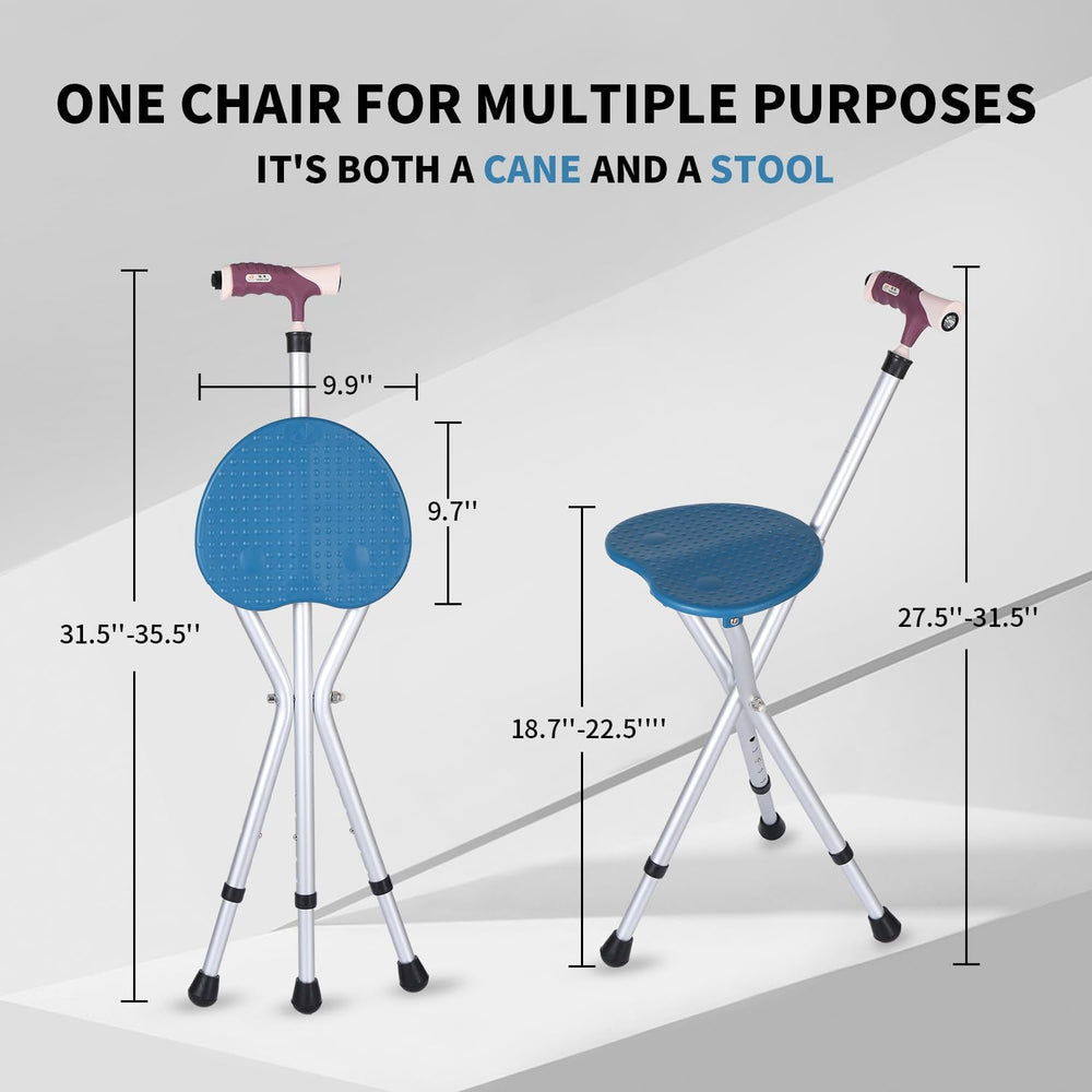 Folding Stool with LED Light, Adjustable Walking Cane Seat, Portable Tripod C...