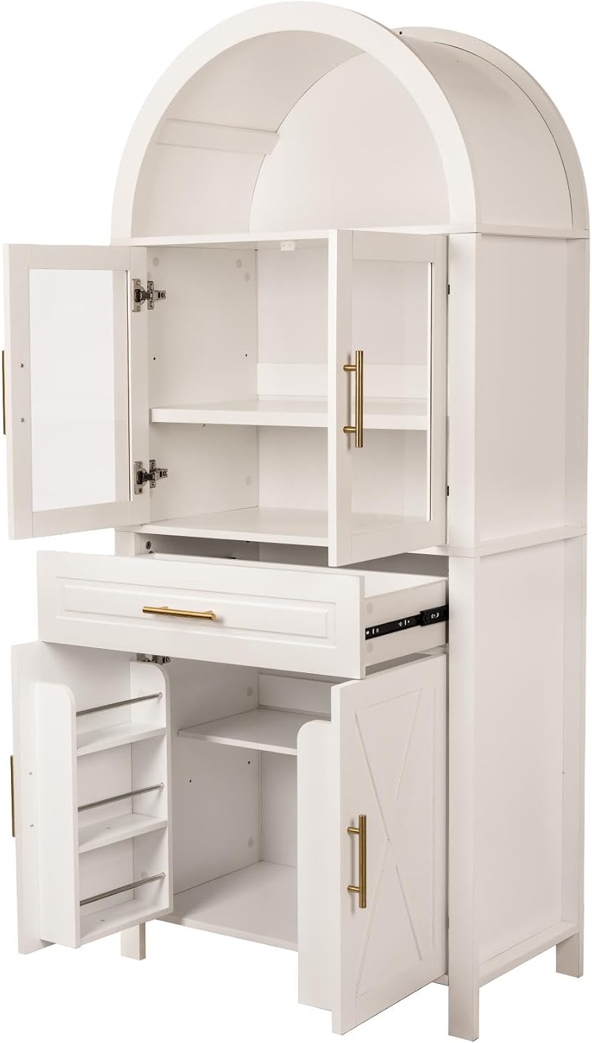 71" Tall Arched Farmhouse Pantry Cabinet with Glass Barn Door, Adjustabl...