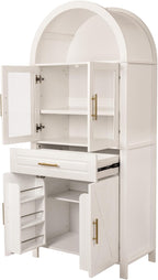 71" Tall Arched Farmhouse Pantry Cabinet with Glass Barn Door, Adjustable Shelves & Storage Racks, Rustic Freestanding Kitchen Cabinet for Living Room, Dining Room, Entryway, White