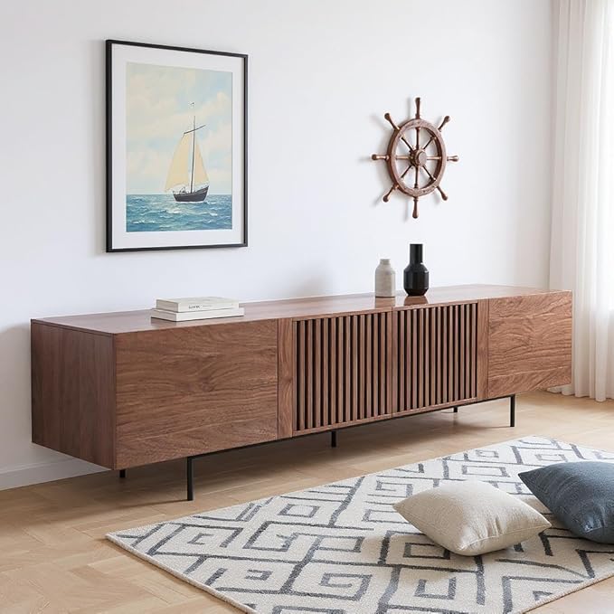 94.48" Mid Century Modern TV Stand for TVs up to 70"-90",Tv Console with 4 Storage Cabinets, Media Furniture for Living Room or Bedroom,Walnut