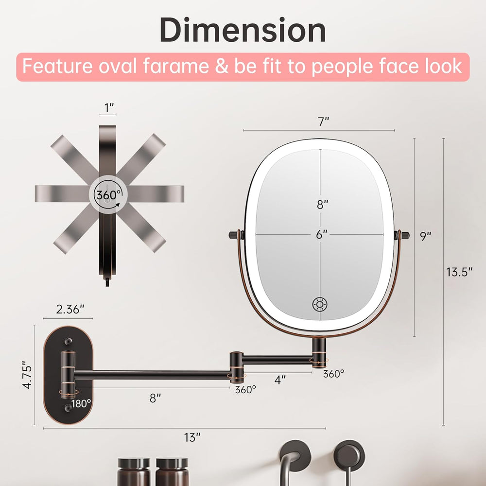 FUNTOUCH 5000mAh Rechargeable Wall Mounted Lighted Makeup Mirror, Bronze