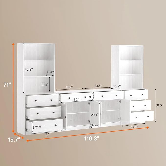 TUSY 71" Large TV Stand Set - TV Entertainment Center for TVs up to 65", Media Center with Tempered Glass Doors and Drawer, TV Hutch with Bookshelves for Living Room (White, BEEB)