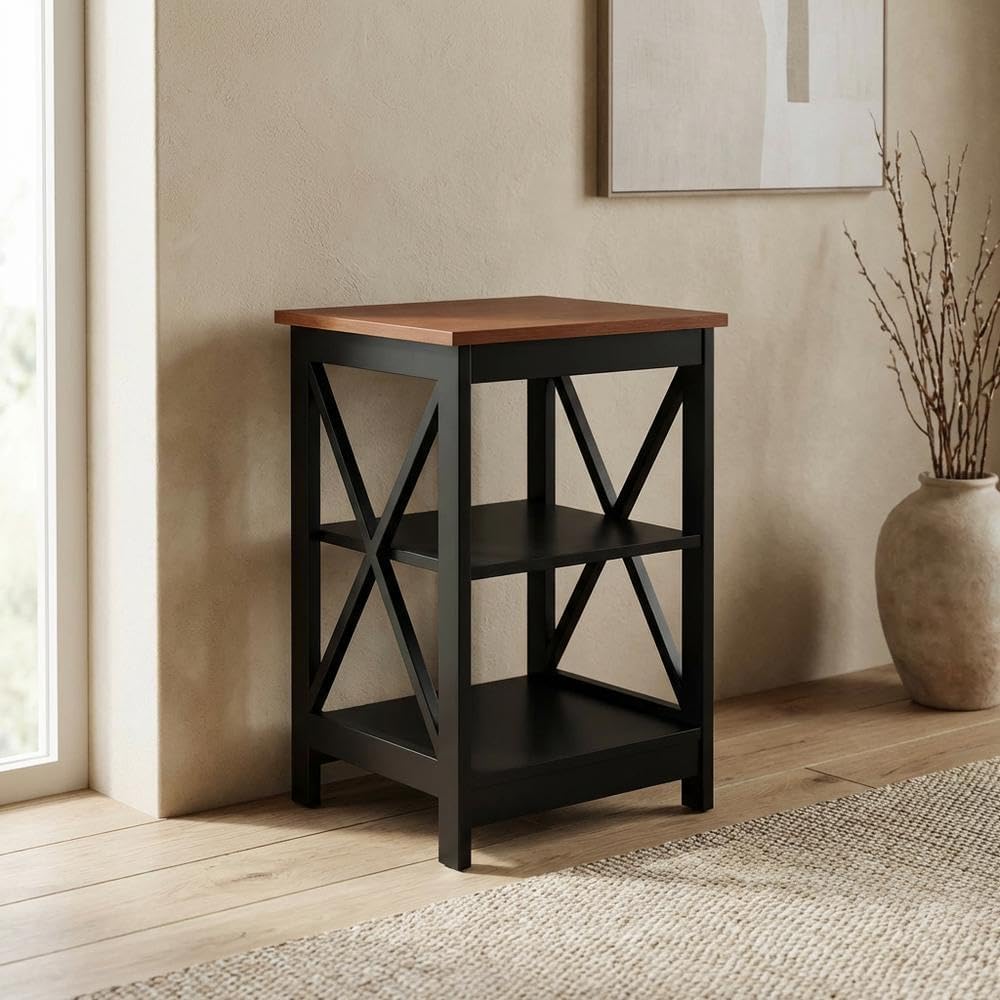 Furnifact Cherry/Black End Table with Shelves, Transitional Coastal Style, Du...