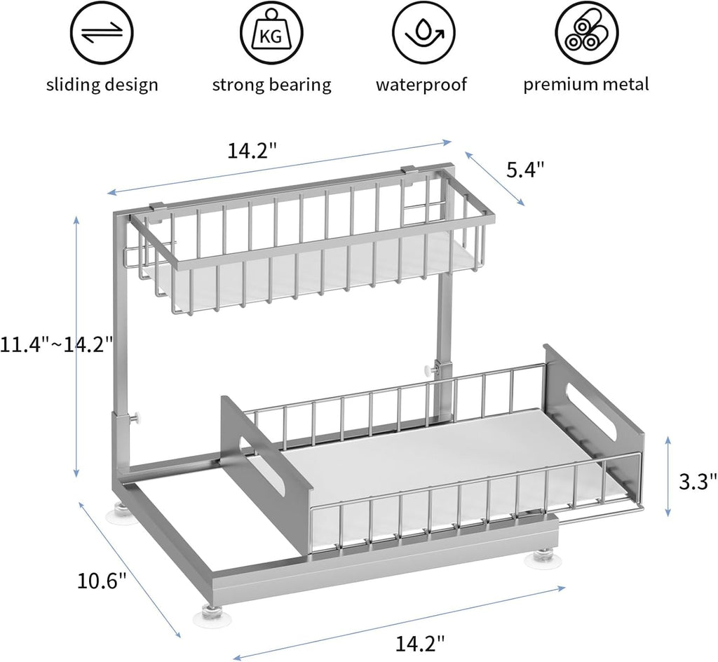 2 Pack Under Sink Organizer Storage 2-Tier Premium Metal Pull-Out Racks, Height Adjustable, Easy Installation | Kitchen & Bathroom Organizers