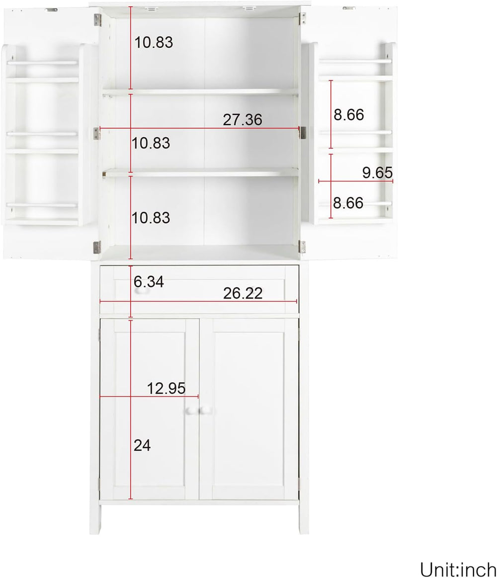 70.87" Tall Kitchen Pantry Storage Cabinet with 4 Doors and Drawer, Whit...