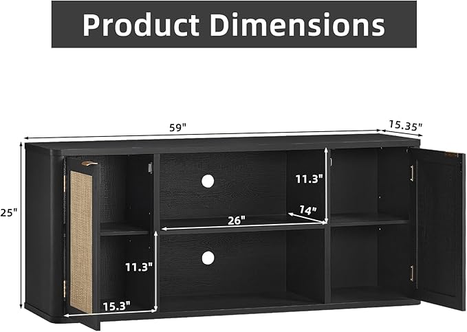 LEYAOYAO Rattan TV Stands for Living Room, Boho Entertainment Center with Storage and Open Shelf, Wood Media Console for 50-65 Inch TV, Black