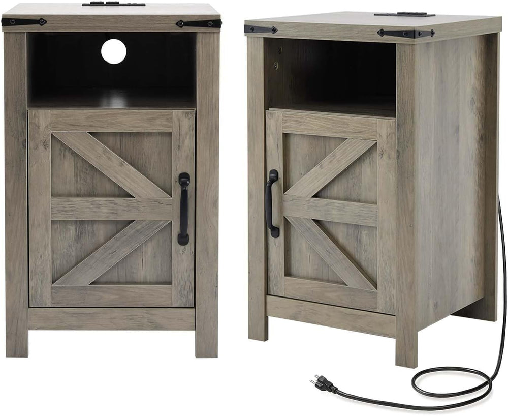 Grey Farmhouse Nightstand Set of 2, End Tables Set with Charging Station, Nig...