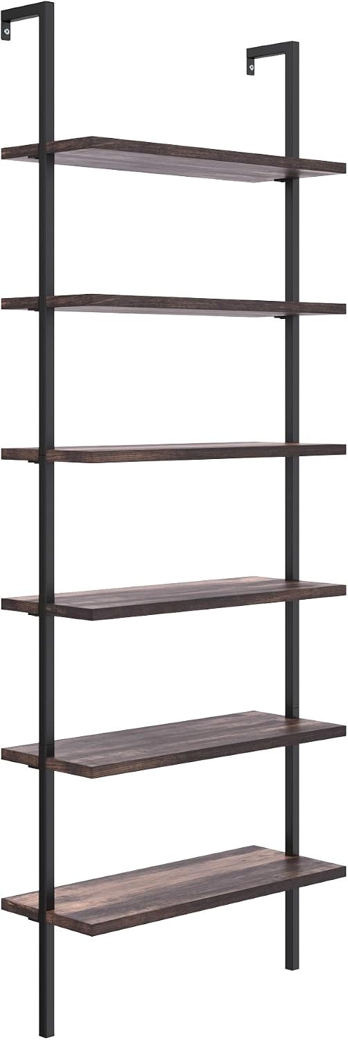 Nathan James Theo 6-Shelf Tall Bookcase, Wall Mount Bookshelf with Natural Wood Finish and Industrial Metal Frame, Nutmeg/Matte Black, Set of 2