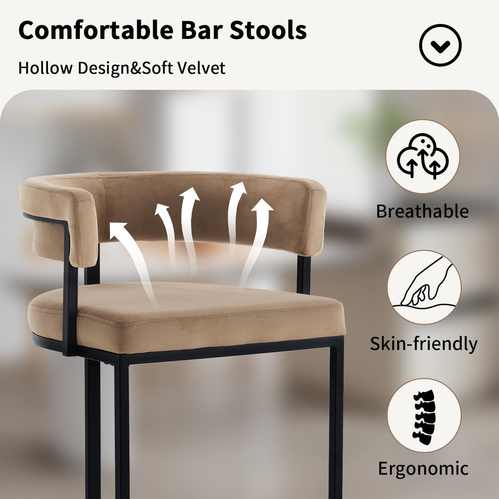 Set of 2 Brown Modern Velvet Bar Stools with Barrel Backrest, Upholstered Sea...