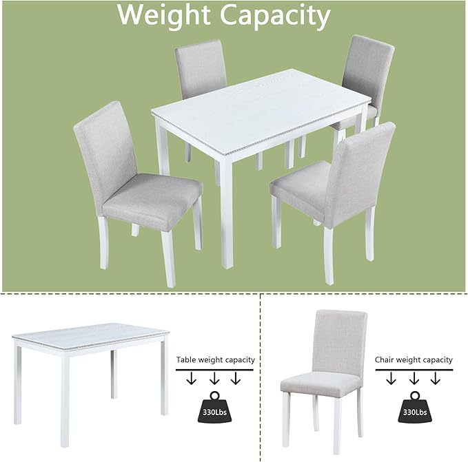 KEIKI 5-Piece Standard Height Dining Table Set with Rectangular Table and 4 Upholstered Chair, for 4 Person, Modern Crystal Decoration Wooden Table Set, Easy Assembly, for Kitchen, Dining Room, White