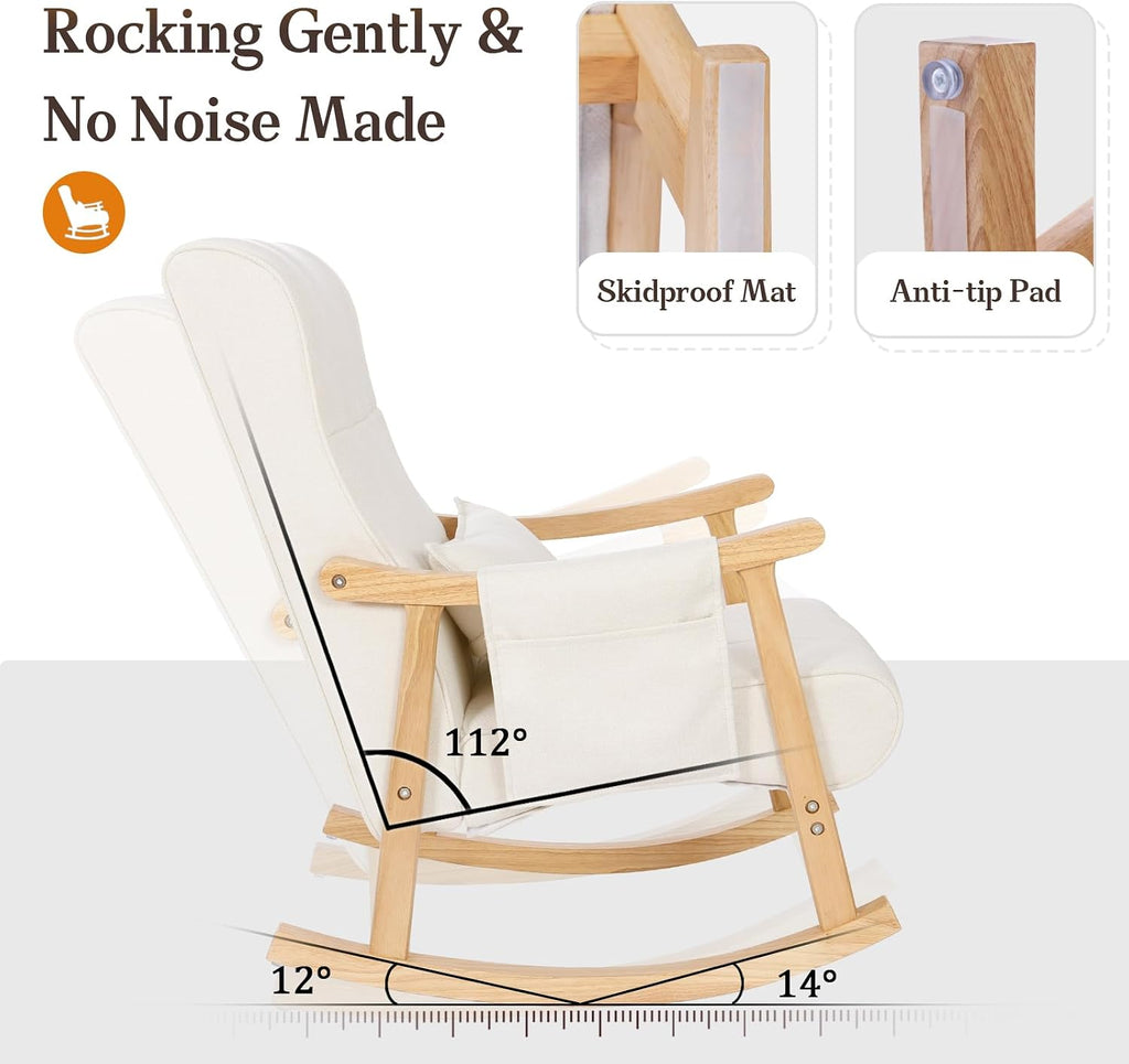 NOBLEMOOD Upholstered Rocking Chair with Ottoman, Solid Wood Frame | Modern Nursery Glider Rocker Chair with Side Pocket, Linen High Back Accent Chair with Padded Seat for Living Room Bedroom