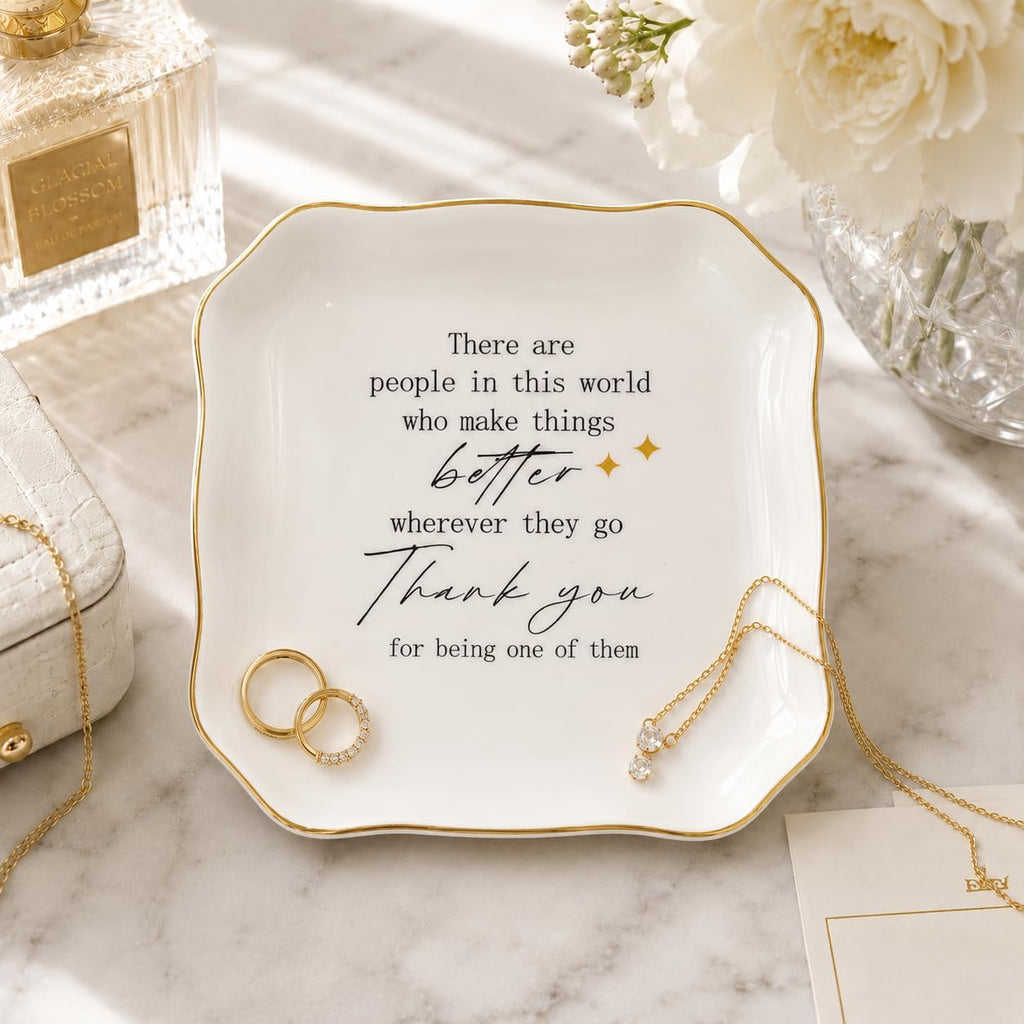 Thank You Gifts for Women - 4"x4" Ceramic Jewelry Dish Tray - Appreciation Inspirational Gifts for Women Employee Coworker Teacher Friends (White-Thank You)