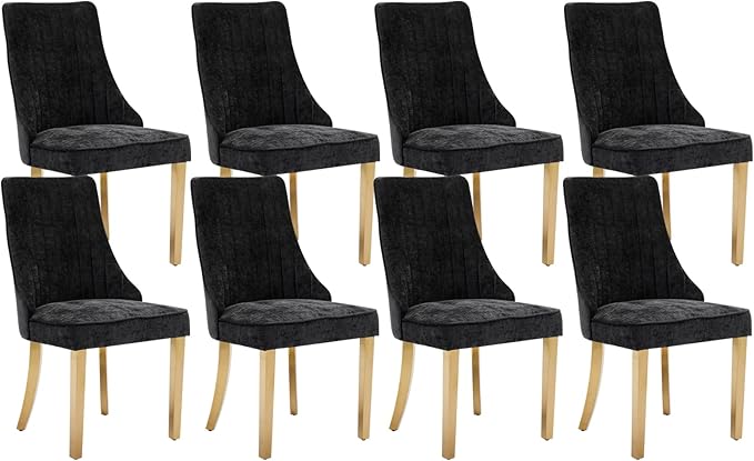 Dining Room Chairs Set of 8，Modern Channel Tufted Upholstered Dining Chairs with Golden Stainless Steel Legs, Comfortable Chenille Fabric Kitchen Chairs for Dining Room (Black, 8pc)