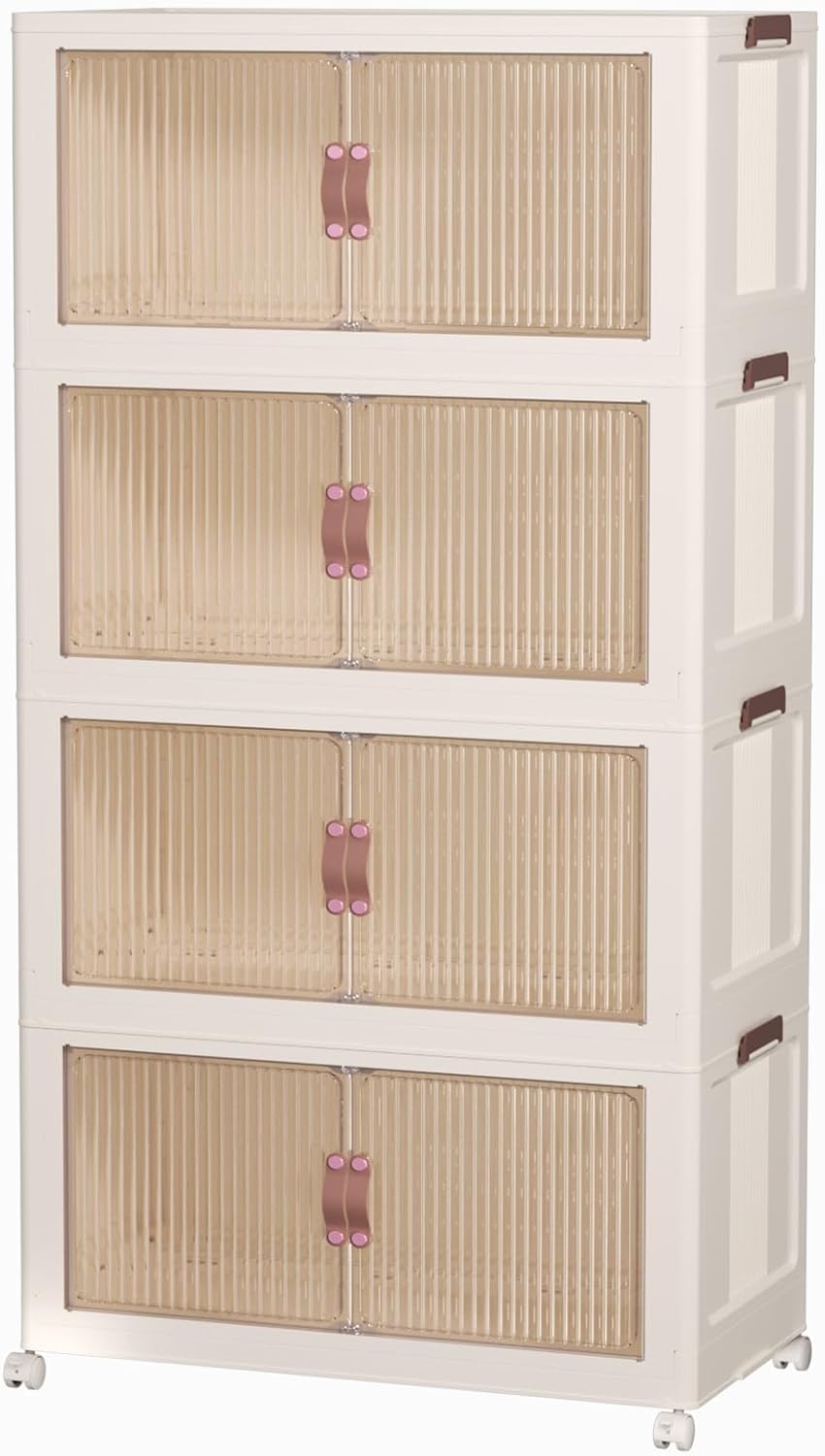 CTSNSLH 4 Tier Plastic Storage Bins with Lid 102QT, Stackable Storage Containers with Wheels, Folding Storage Boxes, Stackable Storage Bins, Closet Organizers and Storage