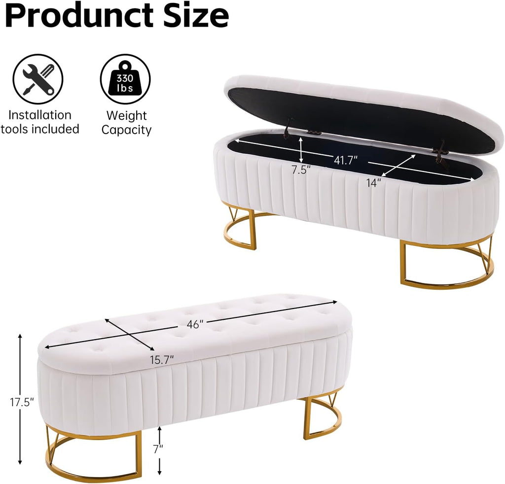 Tufted Storage Ottoman Bedroom Bench, 46" End of Bed Bench with Gold Metal Legs, Upholstered Footrest Stool for Dining, Living Room, Entryway and Hallway, Ivory